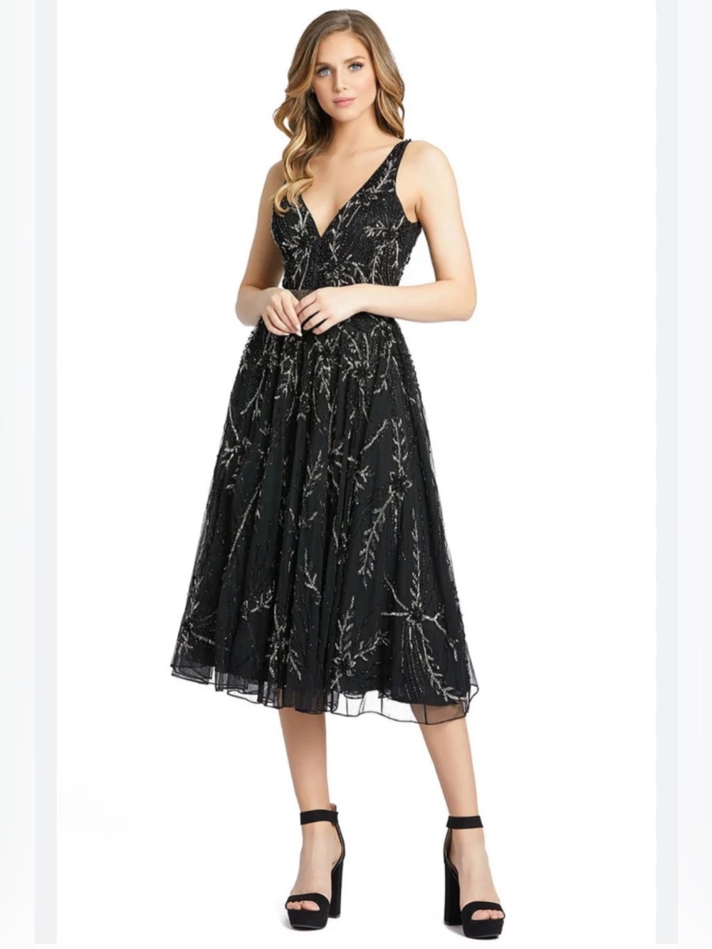 NWT Mac Duggal Black V-Neck Beaded Midi Dress - Size 16